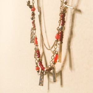 Three tiered red & gold necklace